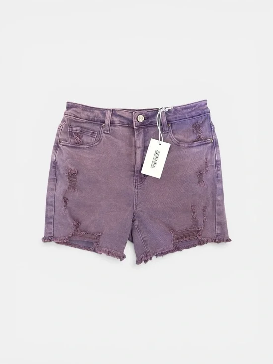 Zenana Outfitters Stretchy Lavender High-Rise Distressed Jean Shorts - Picture 3 of 4